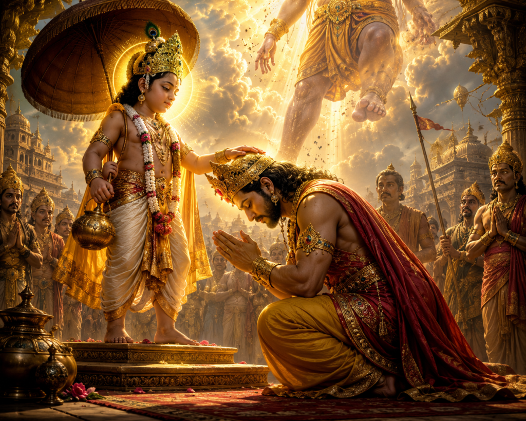 ভাগ্য নাকি কর্ম—জীবনের ভবিষ্যৎ আসলে কীসে নির্ভর করে! 5 বলি মহারাজ ভগবান বামন অবতারের সামনে আত্মসমর্পণ করছেন
