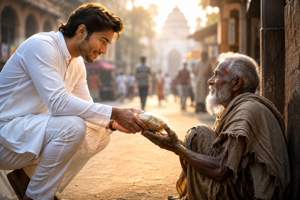 ভাগ্য নাকি কর্ম—জীবনের ভবিষ্যৎ আসলে কীসে নির্ভর করে! 3 একজন ব্যক্তি একজন দরিদ্র মানুষের হাতে দান তুলে দিচ্ছেন