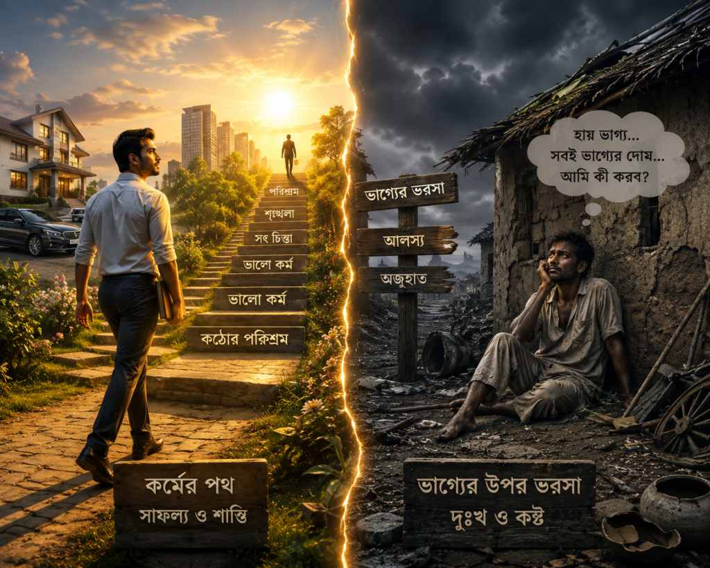 এক পাশে কঠোর পরিশ্রম করে সফল হওয়া একজন ব্যক্তি এবং অন্য পাশে ভাগ্যের ওপর নির্ভর করে দারিদ্র্যে জীবন কাটানো একজন ব্যক্তির প্রতীকী তুলনামূলক চিত্র