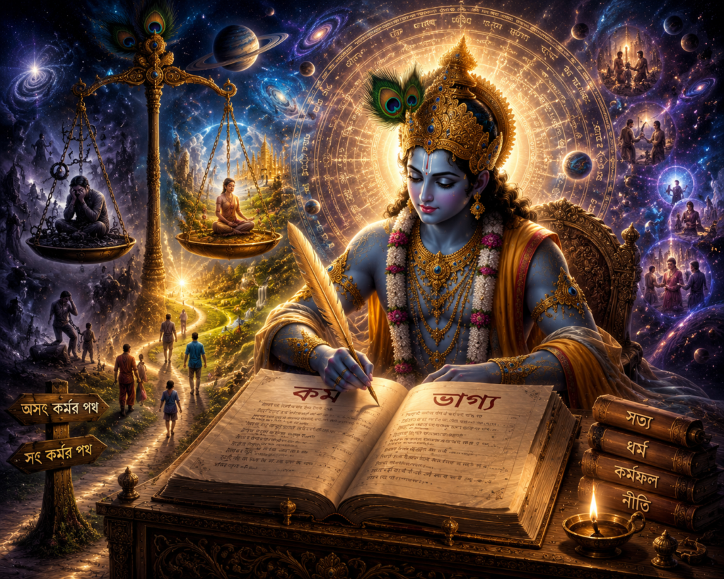 শ্রীকৃষ্ণ কর্ম ও কর্মফলের প্রতীকী খাতা হাতে জীবন, ভাগ্য ও কর্মফলের ন্যায়বিচার প্রকাশ করছেন—প্রতীকী চিত্র