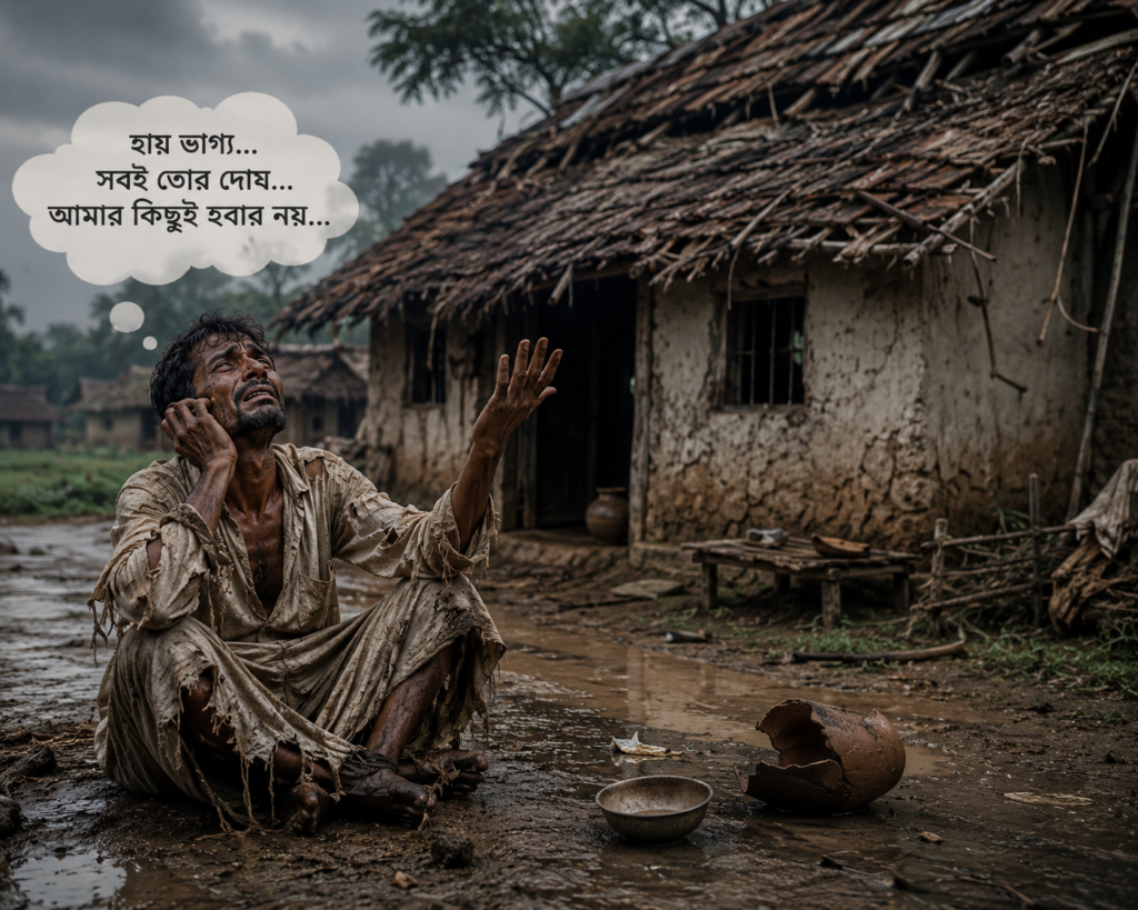 জীর্ণ পোশাক পরা এক দরিদ্র ব্যক্তি গ্রামের ভাঙা কুঁড়েঘরের সামনে বসে নিজের দারিদ্র্যের জন্য ভাগ্যকে দোষ দিচ্ছেন—প্রতীকী চিত্র