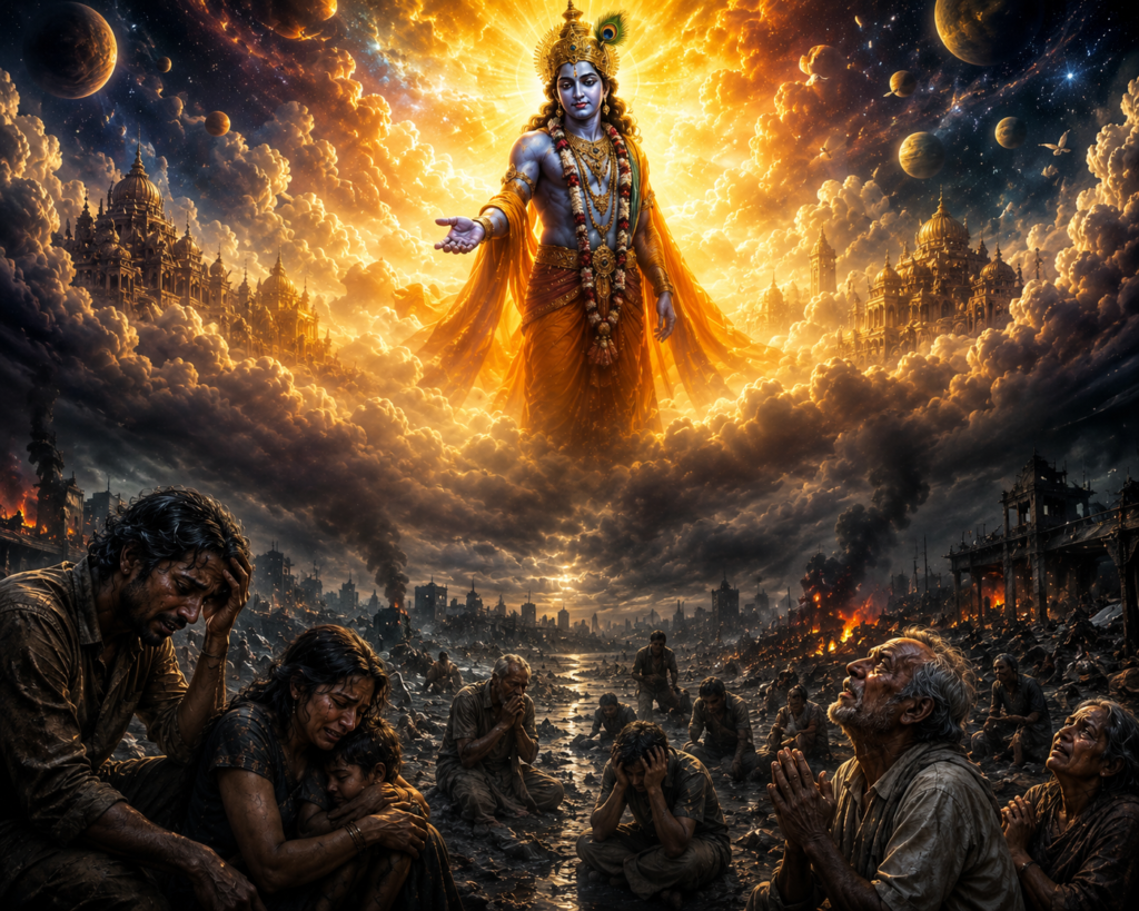 আকাশে দিব্য জ্যোতিতে শ্রীকৃষ্ণ এবং নিচে জড়জগতের দুঃখ, কষ্ট, হতাশা ও মোহে বন্দী মানুষের প্রতীকী দৃশ্য।