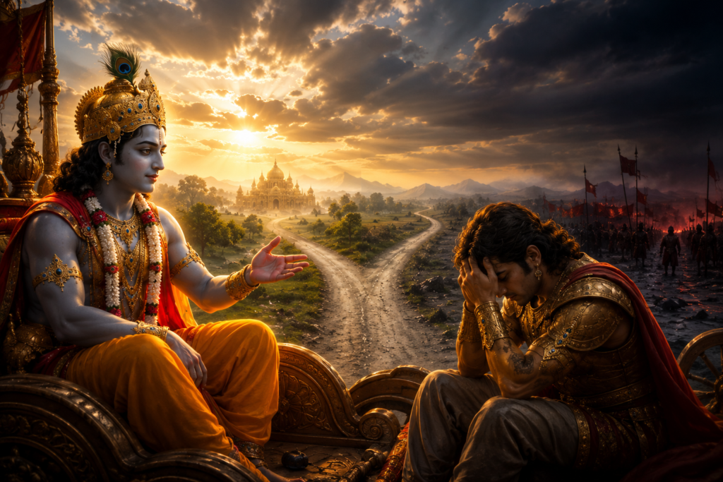 কুরুক্ষেত্রে শ্রীকৃষ্ণ দুঃখে ভেঙে পড়া অর্জুনকে দুটি পথের ইঙ্গিত দিচ্ছেন, কিন্তু কোন পথ বেছে নেবে সেই সিদ্ধান্ত অর্জুনের নিজের।