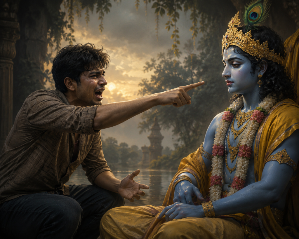 এক যুবক নিজের দুঃখ কষ্টের জন্য ভগবান কৃষ্ণকে দোষ দিচ্ছে – কর্মফল ও জীবনের আধ্যাত্মিক বাস্তবতার দৃশ্য