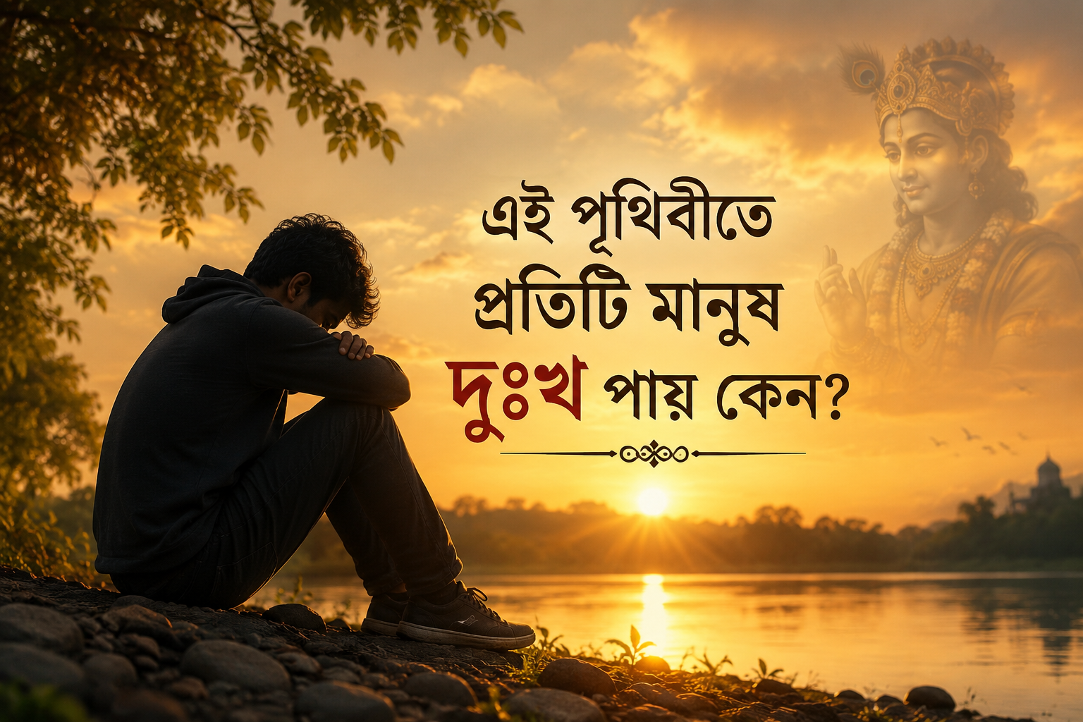মানুষের জীবনে দুঃখ কেন আসে তা নিয়ে নদীর পাশে বসে থাকা এক দুঃখী মানুষের আধ্যাত্মিক দৃশ্য