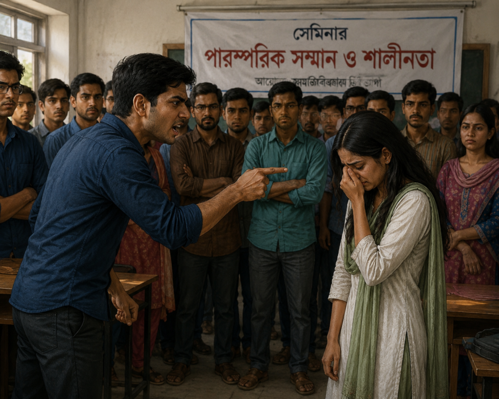 একজন মানুষ সবার সামনে অন্য একজনকে অপমান করছে এবং অপমানিত ব্যক্তি কাঁদছে
