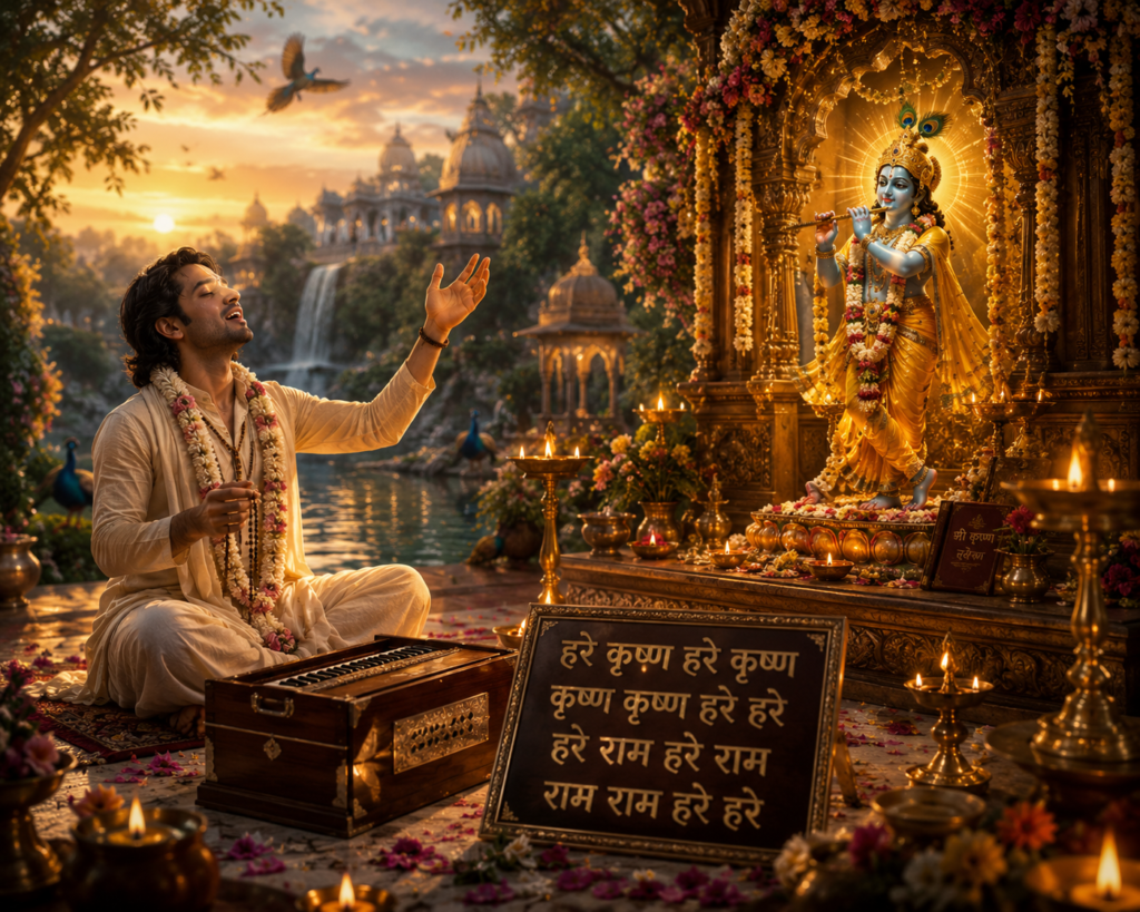 একজন কৃষ্ণভক্ত হরিনাম জপ করে শ্রীকৃষ্ণের সেবা করছেন