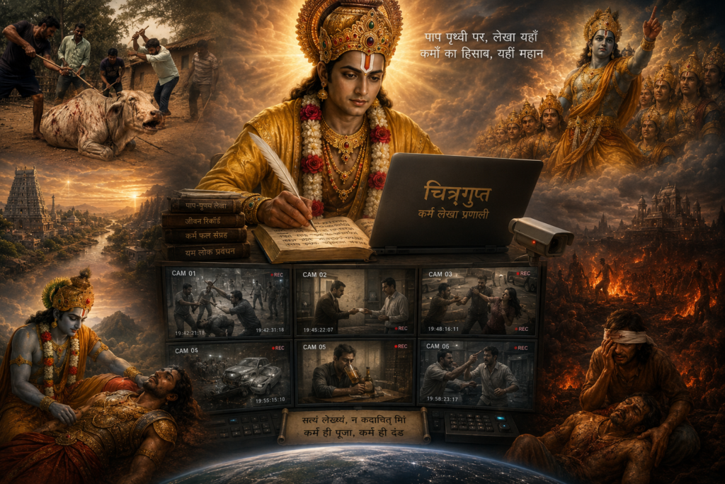চিত্রগুপ্ত মানুষের পাপ ও কর্মফল রেকর্ড করছেন এমন একটি বাস্তবধর্মী পৌরাণিক দৃশ্য