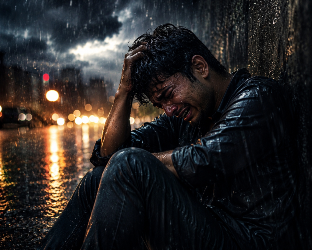 বৃষ্টির মধ্যে একজন দুঃখী যুবক কাঁদছে