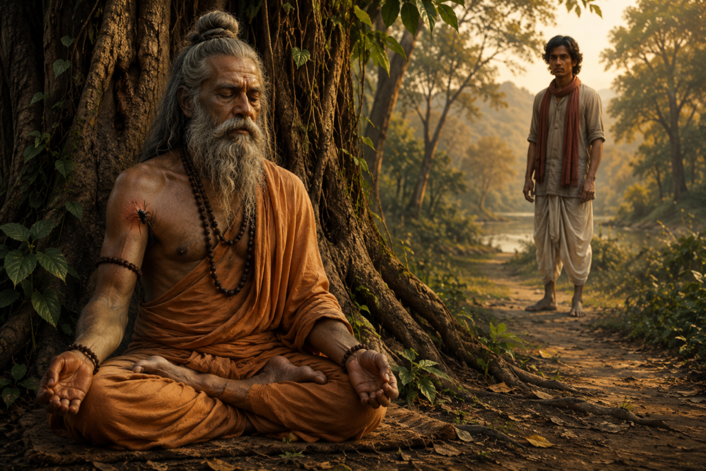 ধ্যানরত এক সাধুকে বিষাক্ত পোকা কামড় দিচ্ছে, দূর থেকে একজন যুবক সেই দৃশ্য দেখছে