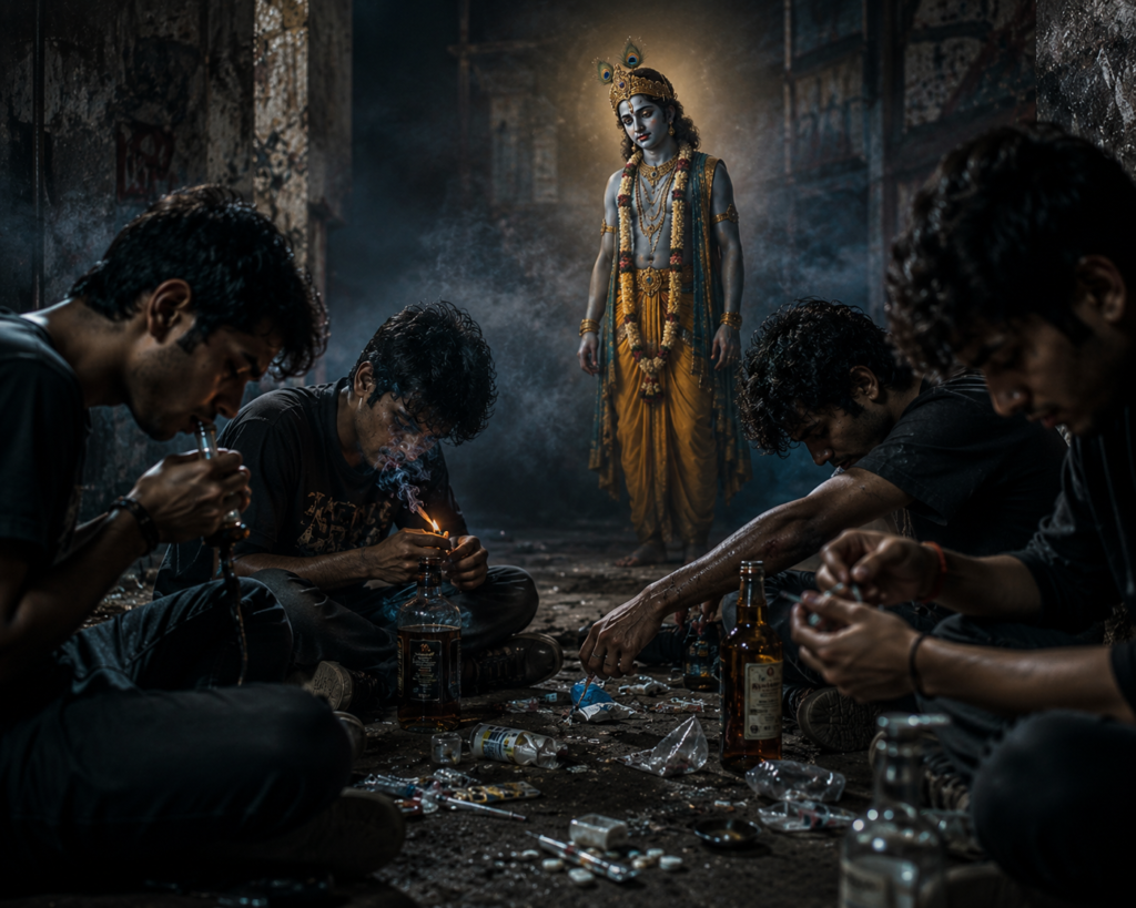 কৃষ্ণ দূরে দাঁড়িয়ে নেশাগ্রস্ত যুবকদের করুণ চোখে দেখছেন


