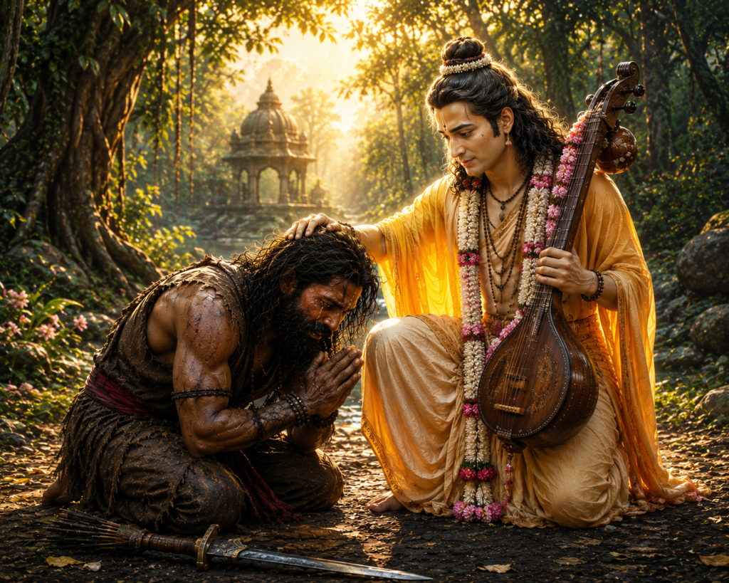নারদ মুনির কৃপায় রত্নাকারের জীবনের পরিবর্তনের দৃশ্য