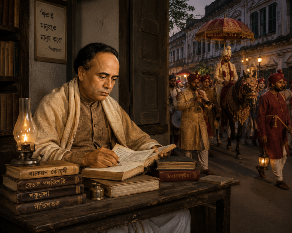 ঈশ্বরচন্দ্র বিদ্যাসাগর পড়াশোনা করছেন আর পাশ দিয়ে বরযাত্রী যাচ্ছে