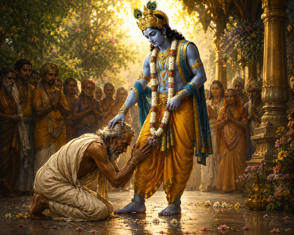 এক বৃদ্ধ ভক্ত ভগবান শ্রীকৃষ্ণের চরণে প্রণাম করছেন
