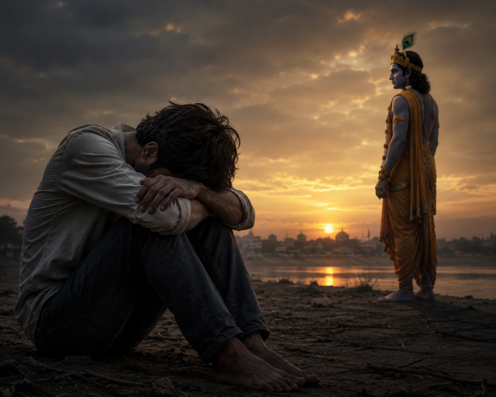 দুঃখে ভেঙে পড়া যুবককে দূর থেকে দেখছেন শ্রীকৃষ্ণ