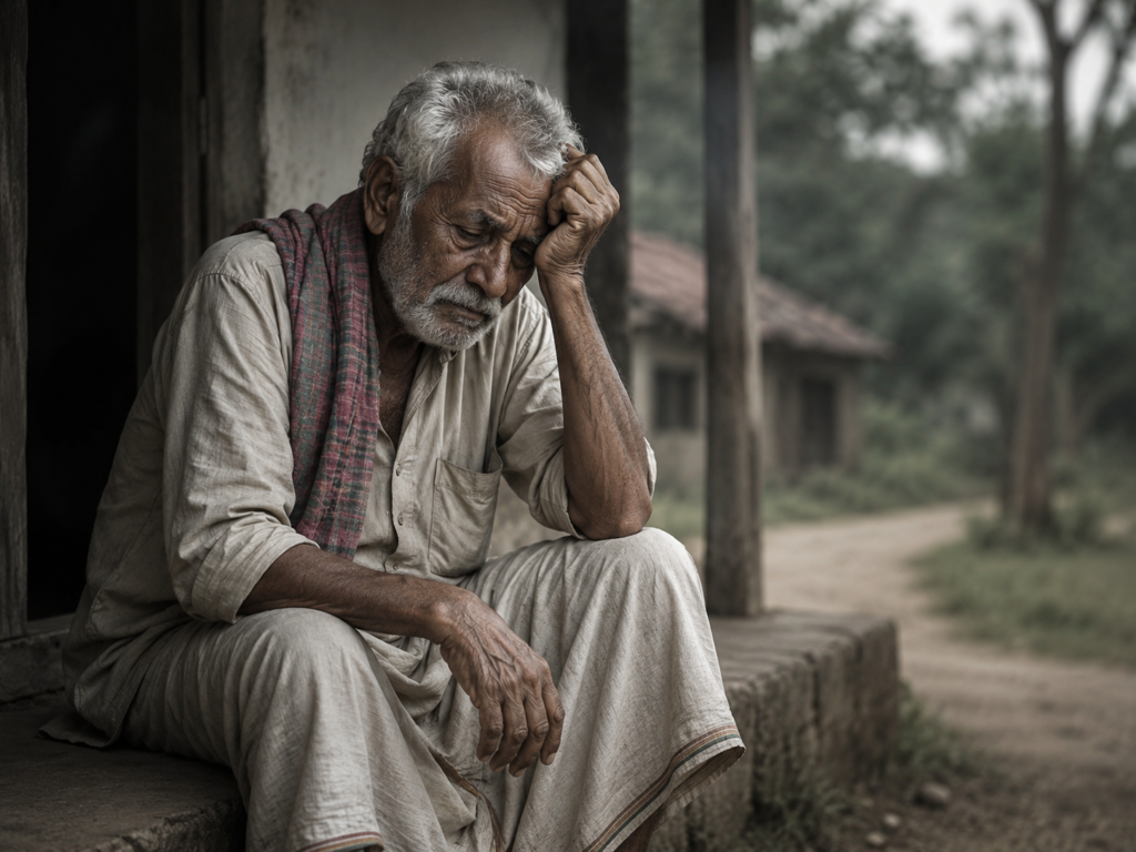 দুঃখে ভেঙে পড়া এক বৃদ্ধ মানুষ জীবনের কষ্ট নিয়ে চিন্তিত