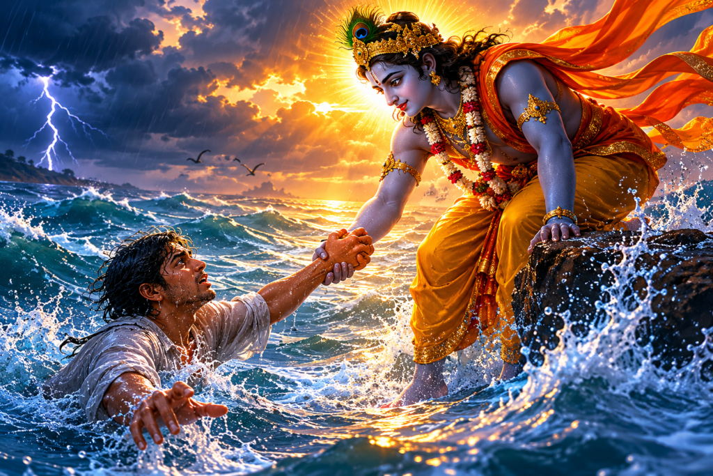 সমুদ্রের ঢেউয়ে ডুবে যাওয়া যুবককে বাঁচাচ্ছেন ভগবান শ্রীকৃষ্ণ