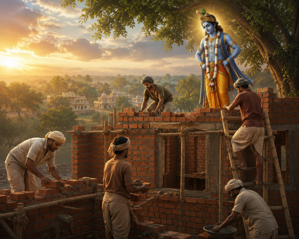 রাজমিস্ত্রিরা ঘর তৈরি করছে এবং শ্রীকৃষ্ণ উপরে দাঁড়িয়ে দেখছেন