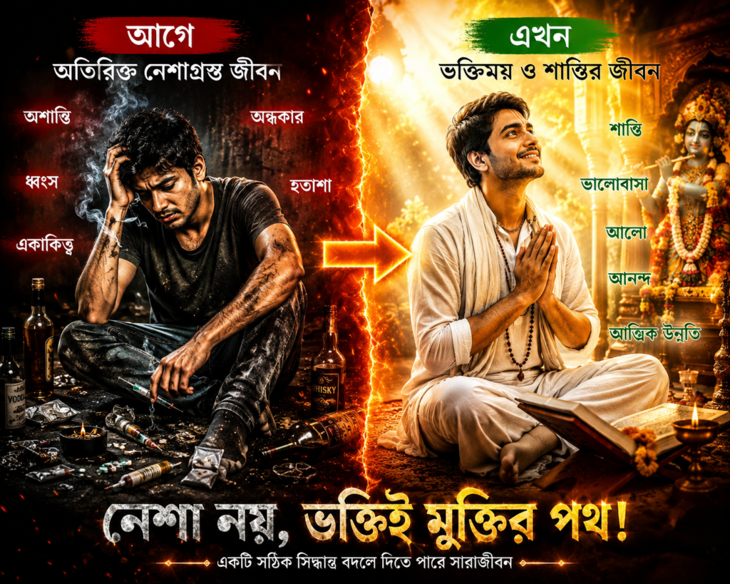 নেশাগ্রস্ত যুবকের হরিনামের মাধ্যমে ভক্তিময় জীবনে পরিবর্তনের দৃশ্য