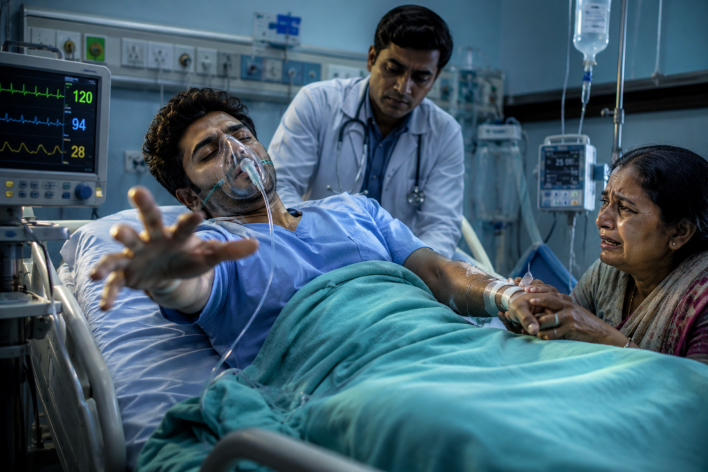 হাসপাতালের আইসিইউতে অক্সিজেন নিয়ে বাঁচার জন্য লড়াই করছে এক যুবক, পাশে কাঁদছেন তার মা