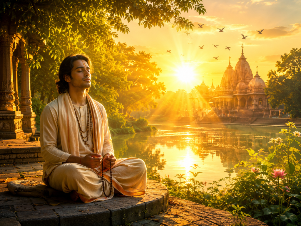 ঘোর কলিযুগে AI কি মানুষের হৃদয় দখল করবে? 4 শ্রীচৈতন্য মহাপ্রভুর শিক্ষার প্রতীক হিসেবে ভোরের সূর্যোদয়ে নদীর তীরে জপমালা হাতে হরিনাম স্মরণে নিমগ্ন এক ভক্ত এবং দূরে বৈষ্ণব মন্দিরের শান্ত দৃশ্য