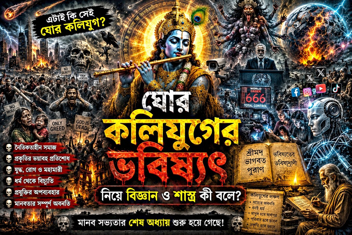 ঘোর কলিযুগের ভবিষ্যৎ নিয়ে বিজ্ঞান ও শাস্ত্রের বিশ্লেষণ, শ্রীকৃষ্ণ, ভাগবত পুরাণ এবং আধুনিক বিজ্ঞানের প্রতীকী চিত্র