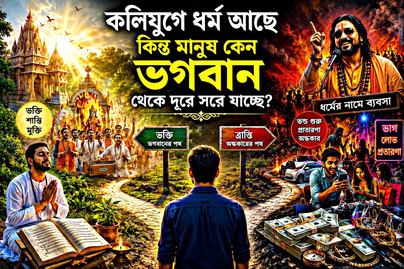 কলিযুগে ধর্ম থাকলেও মানুষ কেন ভগবান থেকে দূরে সরে যাচ্ছে তার প্রতীকী চিত্র