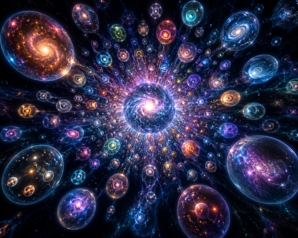 Multiverse Theory অনুযায়ী একটি Universe থেকে অসংখ্য Universe-এর বিস্তারের প্রতীকী চিত্র