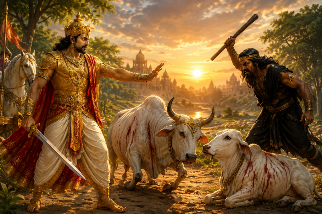 কলিযুগের সূচনা এবং কলিযুগ কিভাবে ধ্বংস হবে 3 পরীক্ষিত মহারাজ কলিকে গোমাতা ও ধর্মরূপী ষাঁড়কে আঘাত করতে দেখে বাধা দিচ্ছেন – প্রতীকী দৃশ্য