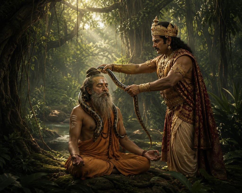 রাজা পরীক্ষিতের অভিশাপ: যেভাবে শুরু হয় কলিযুগ 2 রাজা পরীক্ষিত ধ্যানমগ্ন ঋষি শমীকের গলায় মৃত সাপ ঝুলিয়ে দিচ্ছেন