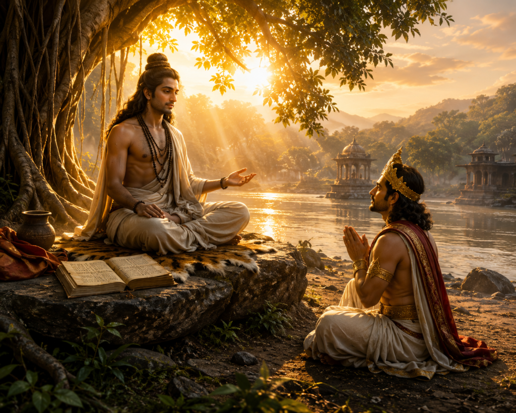 রাজা পরীক্ষিতের অভিশাপ: যেভাবে শুরু হয় কলিযুগ 4 শ্রীশুকদেব গোস্বামীর সামনে হাত জোড় করে বসে আছেন রাজা পরীক্ষিত