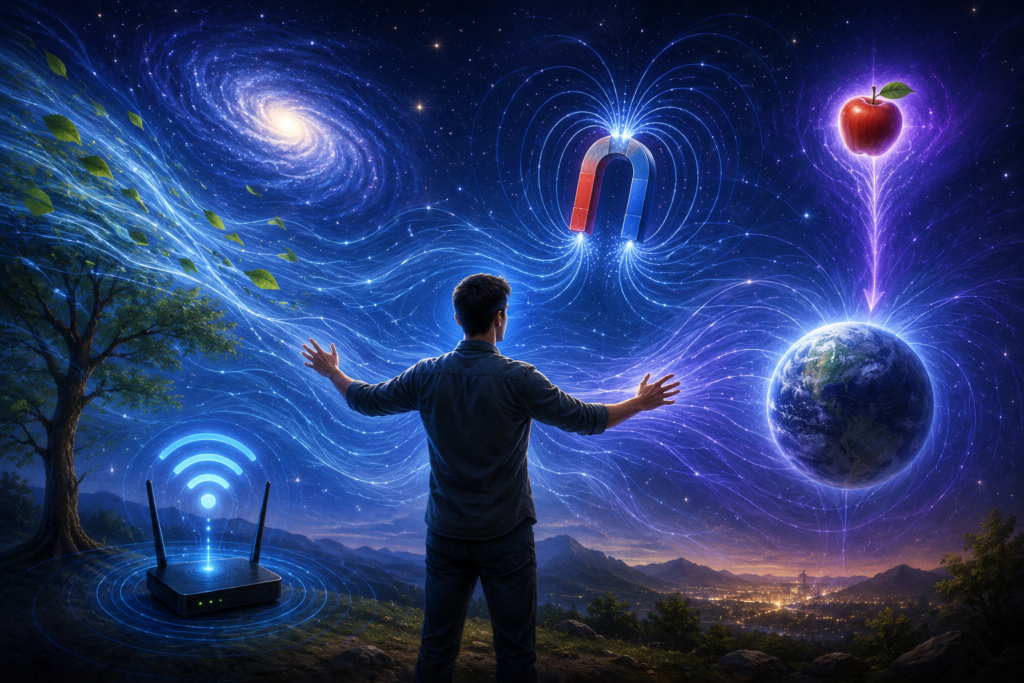 অদৃশ্য শক্তির উদাহরণ – WiFi সিগন্যাল, মহাকর্ষ, চৌম্বক ক্ষেত্র ও বাতাসের শক্তিকে বৈজ্ঞানিকভাবে উপস্থাপন করা হয়েছে।