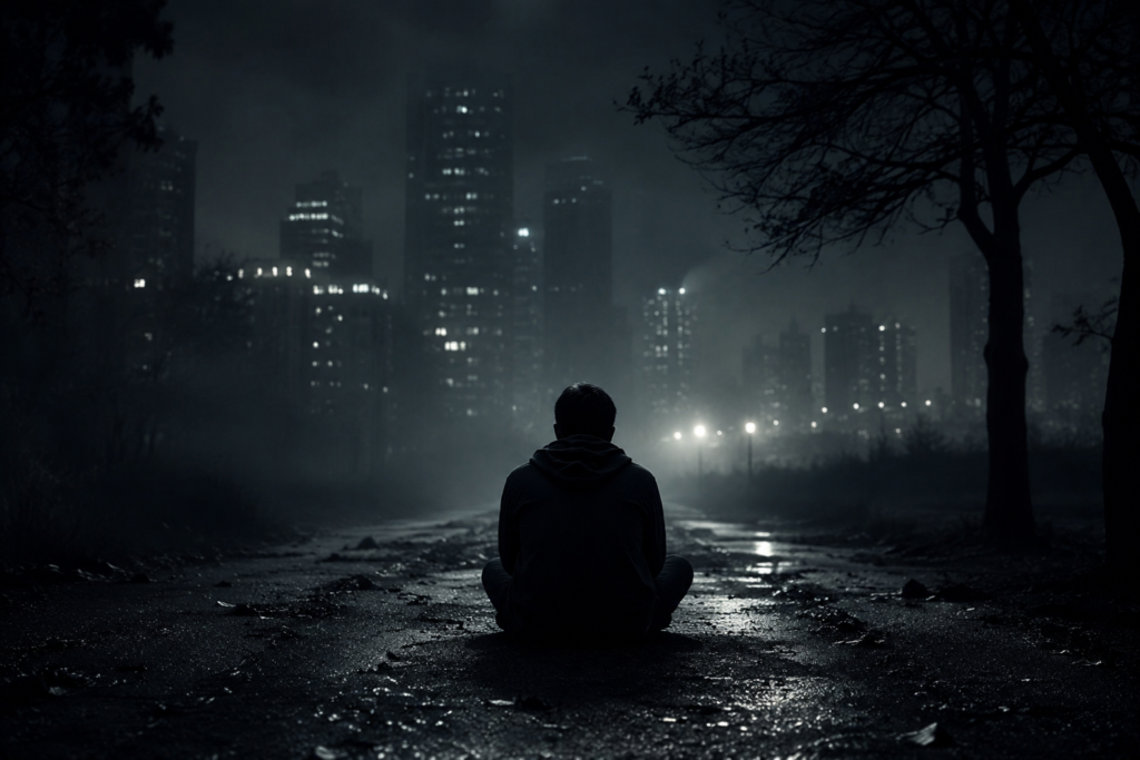 কলিযুগের ভবিষ্যৎ বাণী: পৃথিবীর শেষ সময় নিয়ে শাস্ত্র যা বলছে 2 কলিযুগে একাকীত্ব ও মানসিক চাপের প্রতীক হিসেবে অন্ধকারে একা বসে থাকা একজন মানুষের চিত্র