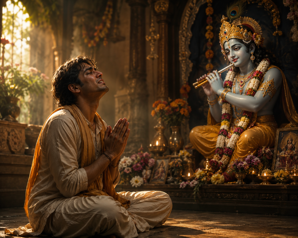 চোখের জলে শ্রীকৃষ্ণের সামনে প্রার্থনায় বসে থাকা এক কৃষ্ণভক্তের প্রতীকী দৃশ্য