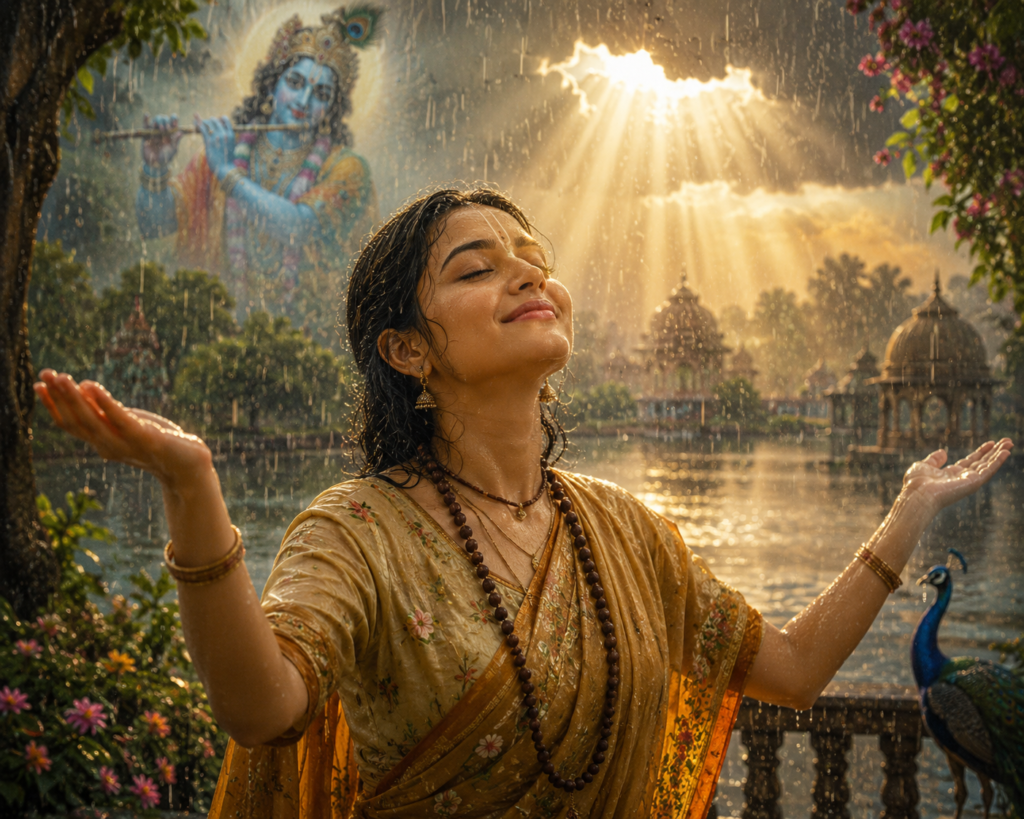 একজন মাতাজি বৃষ্টির মধ্যে চোখ বন্ধ করে দুই হাত প্রসারিত করে কৃষ্ণের কৃপা অনুভব করছেন। মেঘের ফাঁক দিয়ে সোনালি আলো নেমে এসেছে এবং দূরে শ্রীকৃষ্ণের মৃদু আভা দেখা যাচ্ছে।