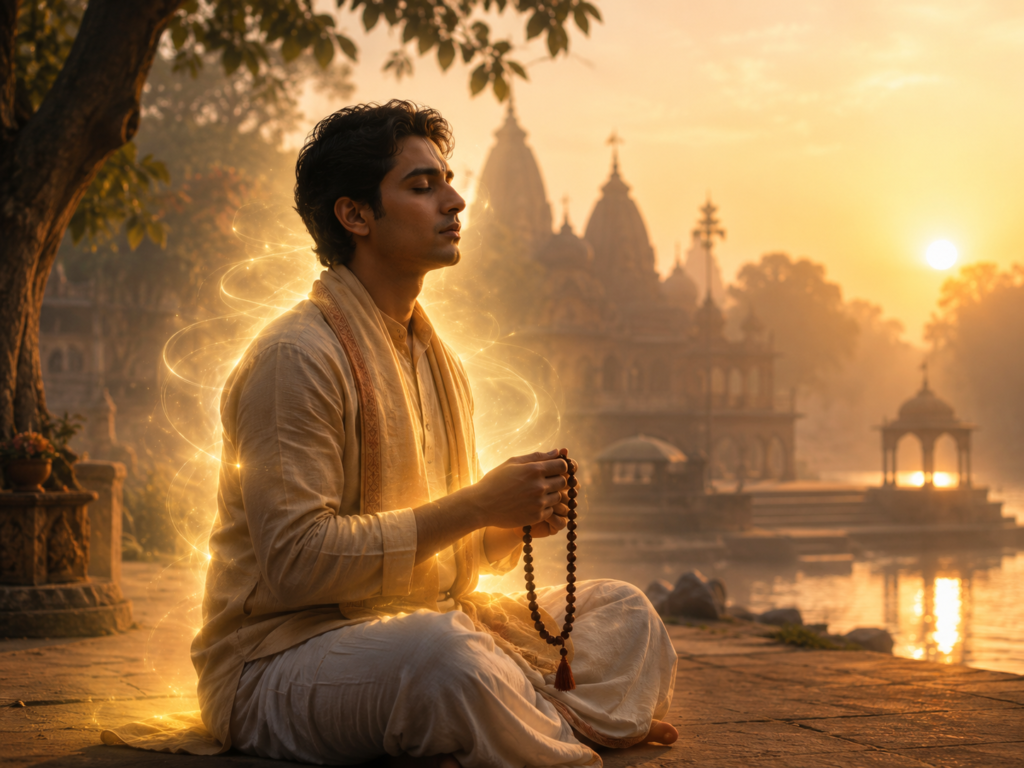 জপমালা হাতে একজন ভক্ত শান্তভাবে হরিনাম জপ করছেন, যা ভক্তি, অন্তরের শুদ্ধতা ও আধ্যাত্মিক পরিবর্তনের প্রতীকী চিত্র