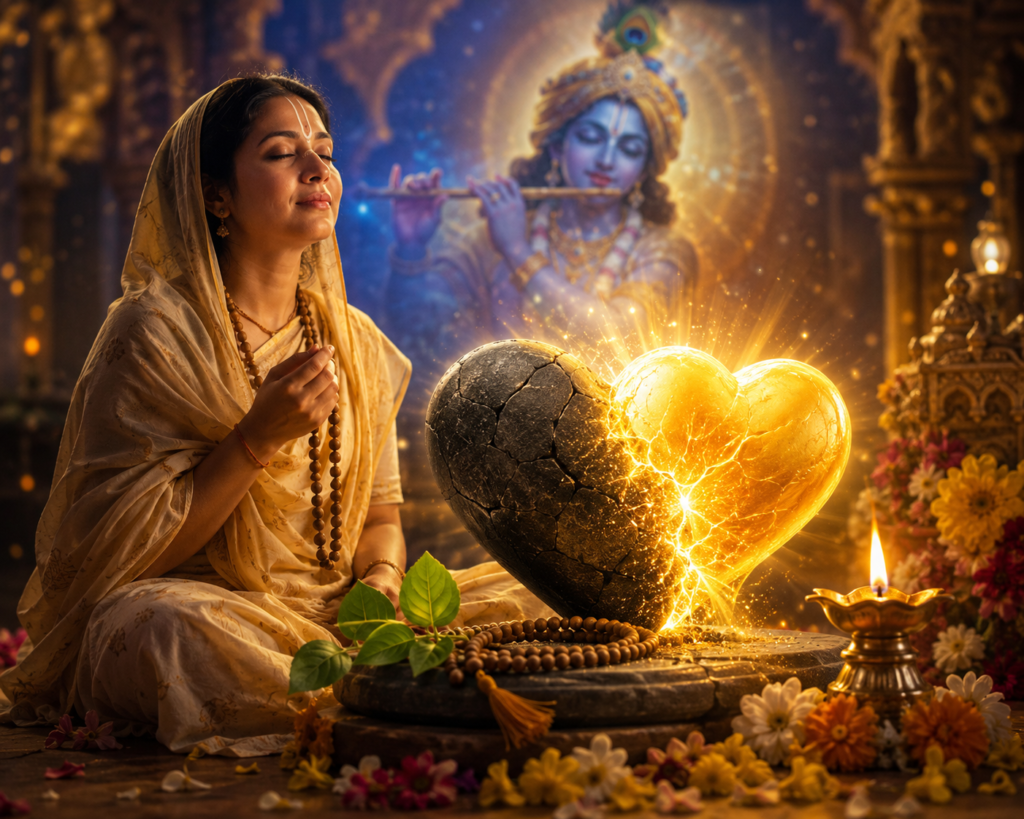 একজন মাতাজি তুলসীর জপমালা হাতে হরিনাম জপ করছেন। সামনে পাথরের হৃদয় সোনালি আলোয় কোমল হৃদয়ে রূপান্তরিত হচ্ছে, যা কৃষ্ণনামের আধ্যাত্মিক শক্তির প্রতীক।
