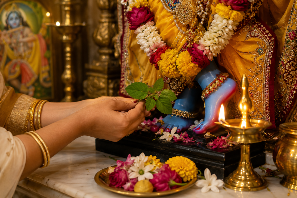 তুলসী পূজা করলে নরক থেকে মুক্তি পাওয়া যায়, নাকি হরিনামই সর্বশ্রেষ্ঠ? শাস্ত্র কী বলে 3 ভগবান শ্রীকৃষ্ণের চরণে ভক্তিভরে তুলসী পাতা নিবেদন করা হচ্ছে, পাশে জ্বলন্ত প্রদীপ ও ফুল।