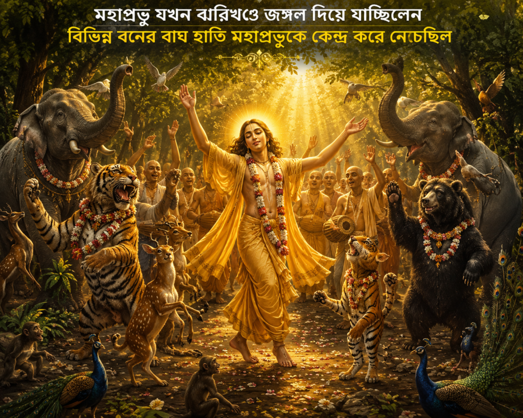 শ্রীচৈতন্য মহাপ্রভু ঝাড়িখণ্ড অরণ্যে হরিনাম সংকীর্তন করছেন। তাঁর চারপাশে বাঘ, হাতি, হরিণ ও অন্যান্য বন্য প্রাণী আনন্দে নৃত্য করছে।