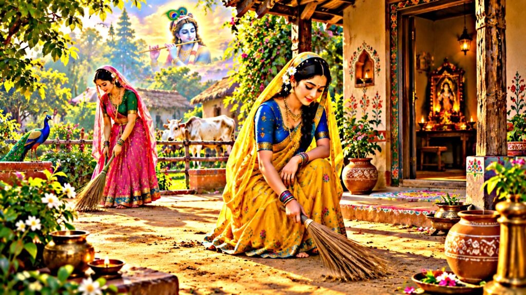 গোপীদের মতো গৃহকর্মের মধ্যেও কৃষ্ণস্মরণ: কীভাবে সংসারের কাজ ভক্তিতে পরিণত হয়? 3 গোপীদের ঘর ঝাড়ু দেওয়ার মাধ্যমে মনের ময়লা ও অহংকার পরিষ্কার করার ছবি