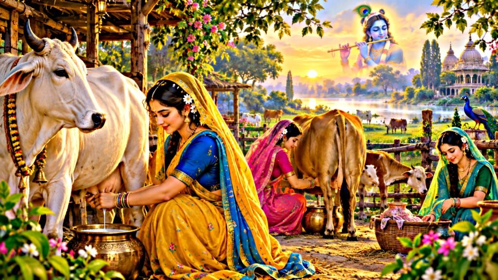 গোপীদের মতো গৃহকর্মের মধ্যেও কৃষ্ণস্মরণ: কীভাবে সংসারের কাজ ভক্তিতে পরিণত হয়? 2 গোপীদের ভোরবেলা কৃষ্ণস্মরণের মধ্য দিয়ে দিনের কাজ শুরু করার একটি ছবি