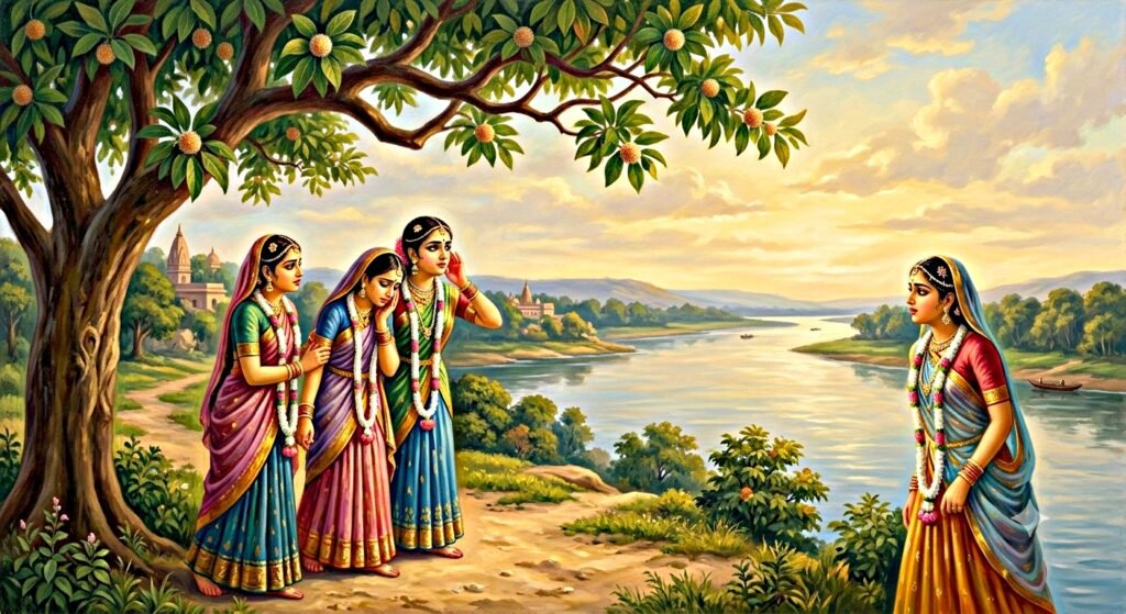 গোপীদের মতো গৃহকর্মের মধ্যেও কৃষ্ণস্মরণ: কীভাবে সংসারের কাজ ভক্তিতে পরিণত হয়? 4 বৃন্দাবনে কদম্ব গাছের নিচে গোপীদের ব্যাকুল হয়ে কৃষ্ণের পথ চেয়ে থাকার ছবি